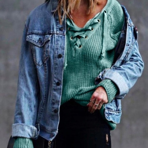 Lace Up Cozy Sage Green Sweater 🎉HOST PICK🎉 - Picture 4 of 7
